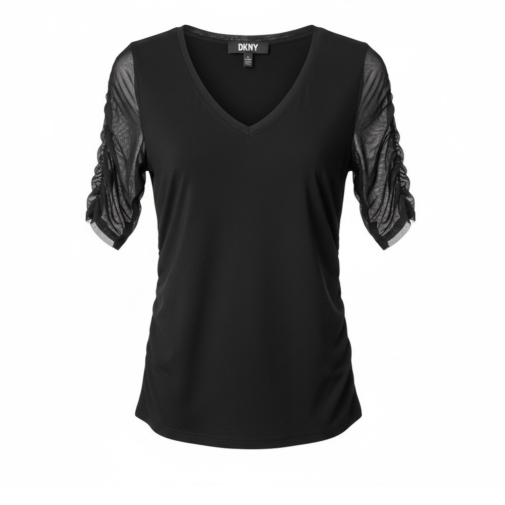 DKNY Black V-Neck Top with Ruched Mesh Short Sleeves Velvety Texture Size L